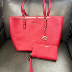 Michael Kors Red Saffiano Leather Tote with Matching Zip Wristlet